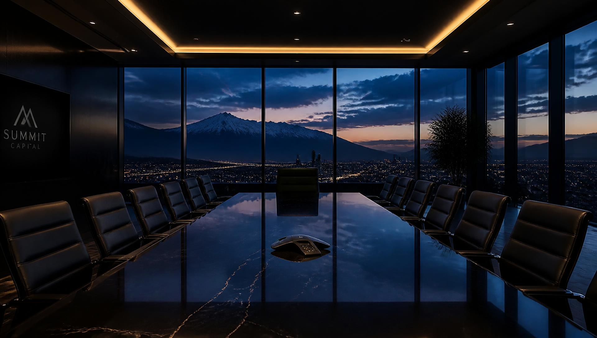 Sala de juntas ejecutiva con vista a la montaña al atardecer