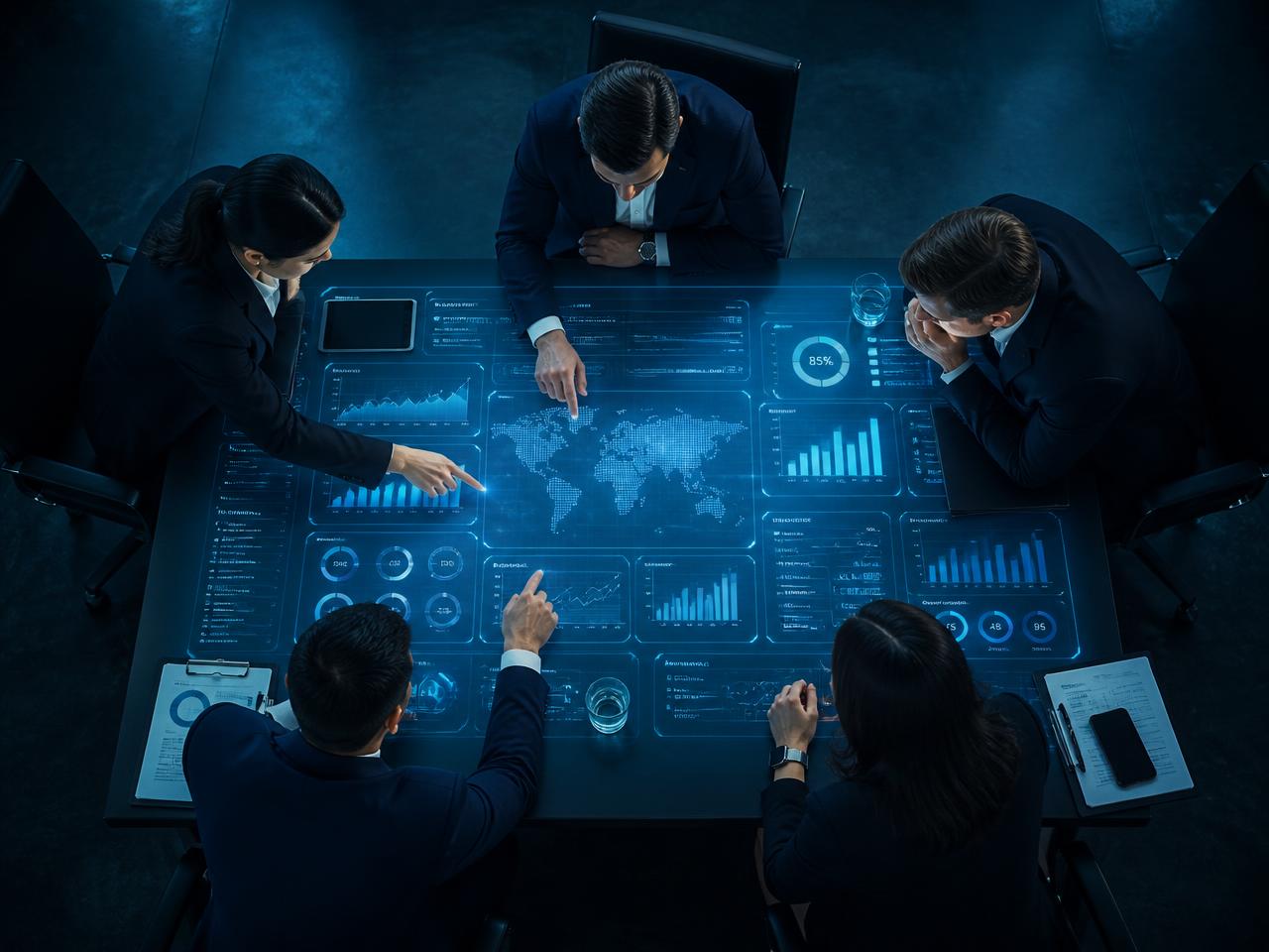 Equipo directivo analizando datos en una mesa interactiva